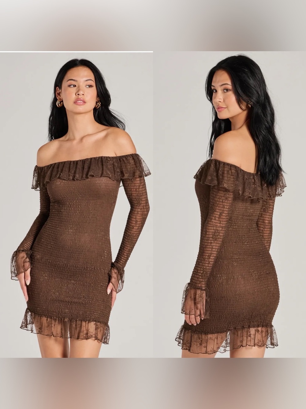Windsor Brown Lace Smocked Dreamy Off-The-Shoulder Bodycon Mini Dress Size XS